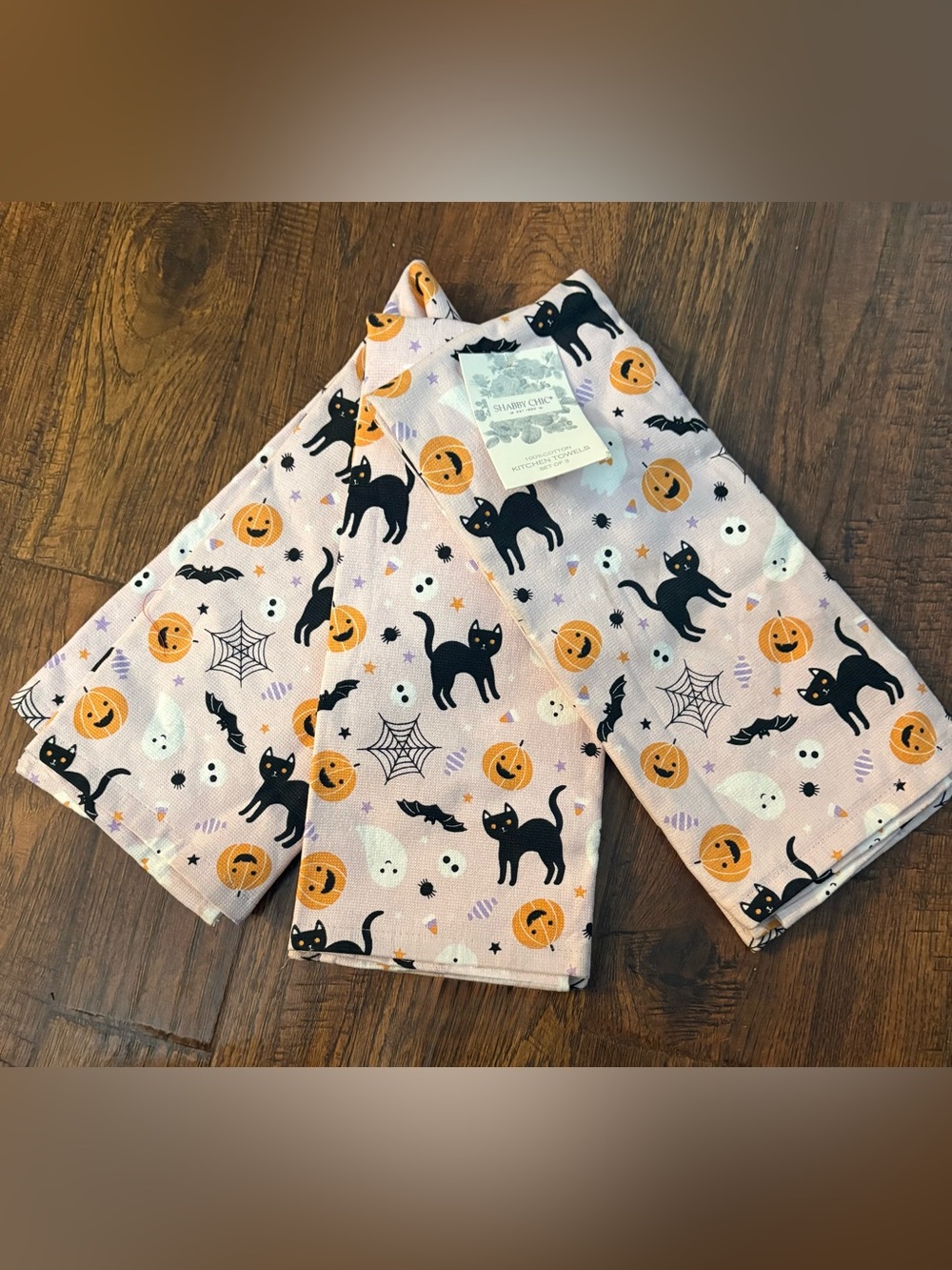 Shabby Chic Halloween Kitchen Towels - Black, Orange, White, Purple